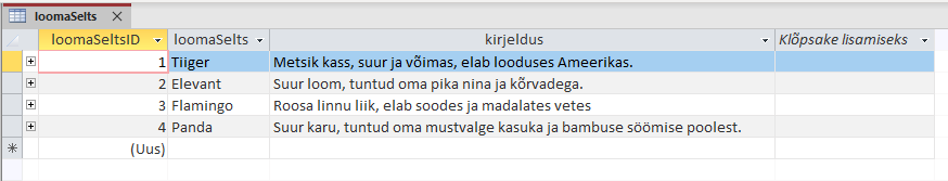 MS Access: andmebaas zoo